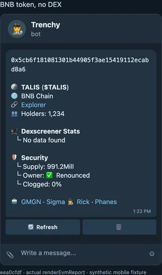 Code-based Telegram-style report for a synthetic confirmed BNB Chain contract with a Dexscreener Stats No data found row and available contract information.