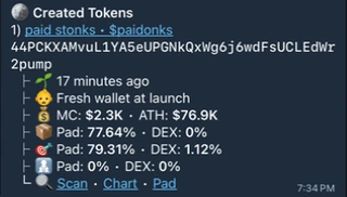 Created token with name, symbol, mint, age, fresh-wallet-at-launch label, market cap, ATH, launch percentages, and links.